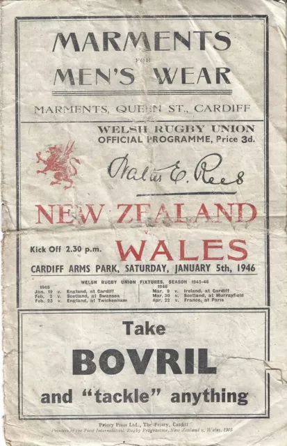 Wales v New Zealand 5 Jan 1946 Cardiff RUGBY PROGRAMME