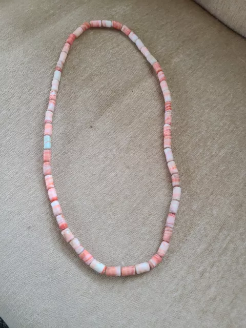 Old African Tribal Orange/White Coral Beaded Necklace  ◇ 14.5" / 29" End To End
