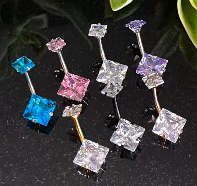 1pc Prong Set Square CZ Gem Belly Ring Internally Threaded Navel Naval Piercing