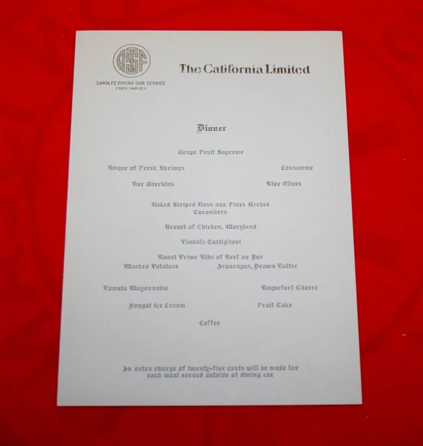 Undated ATSF The California Limited Fred Harvey Dining Car Menu