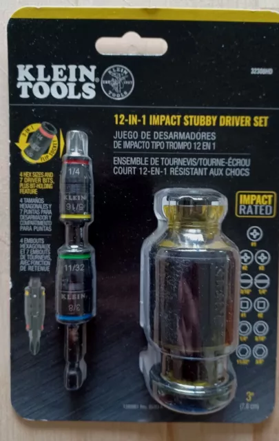 Klein Tool 32308HD 12-In-1 Impact Stubby Driver Set. 4 Hex Sizes & 7 Driver Bits