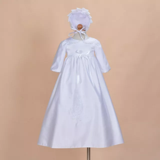Baby Girl Ivory White Satin Long Sleeve Christening Gown Bonnet 0 3 6 9 12 Month