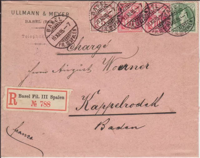 Schweiz R-Brief BASEL FIL. III SPALEN mit Nr. 59 Y ca u.a. 1895 nach Deutschland