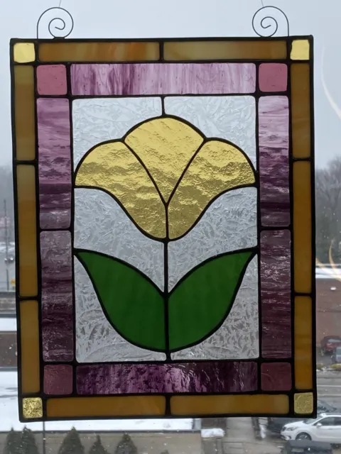 stained glass Tulip window panel Flower Amber Usa Handcrafted