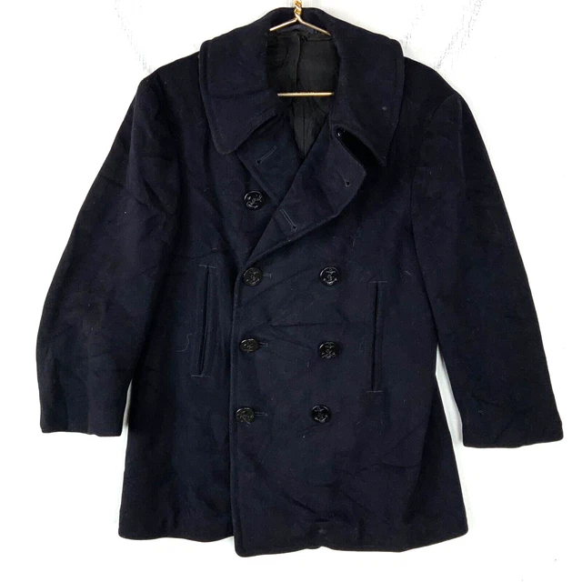 VINTAGE US NAVY Military Wool Peacoat Jacket Size Medium Blue 30s 40s
