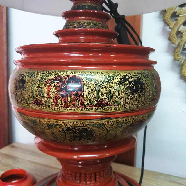 Lacquerware Lamp Myanmar Food Offering Traditional Stupa Shaped Hand Painted 3