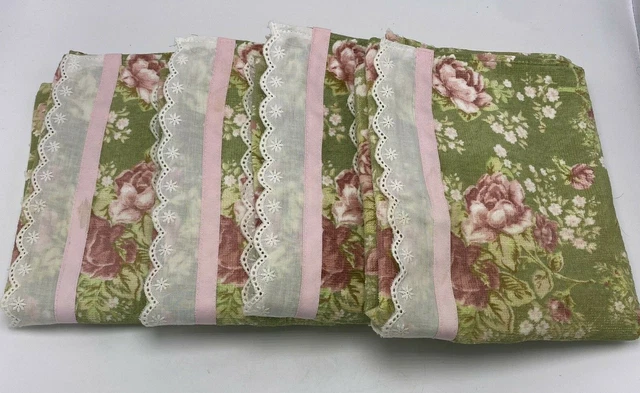 Laura Ashley Lifestyles Green Soft Pink Floral Hand Towels 4 Lace Trim Cotton