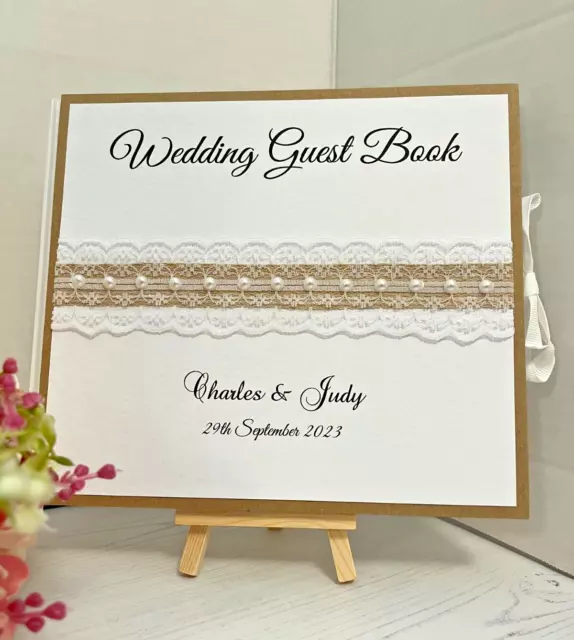 Wedding Guest Book  -  Rustic Design with Lace, Hessian & Pearls - Personalised