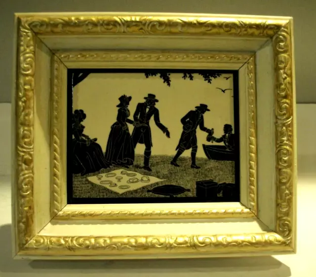 Vtg Silhouette Victorian Picnic Reverse Painting White & Gold Frame 1940-50's