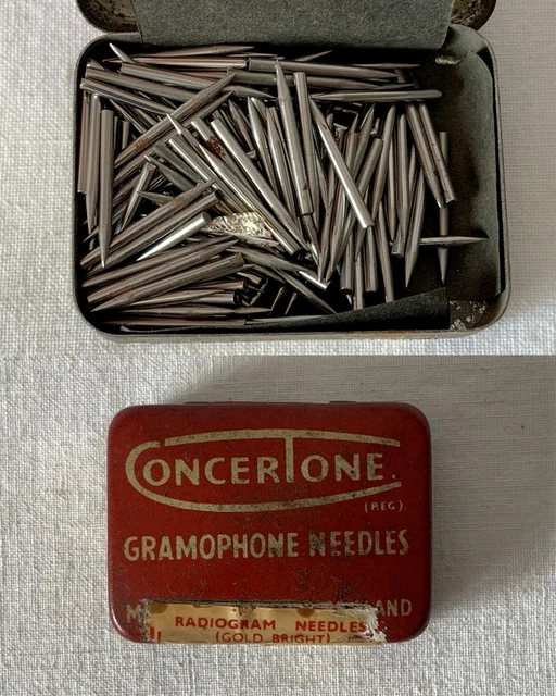 Antique CONCERTONE GRAMOHPONE NEEDLES Gold Bright Radiogram Tin + Contents