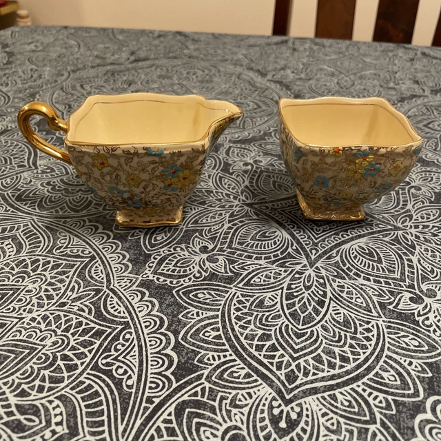 Vintage ROYAL WINTON GRIMWADES CHINTZ SUGAR AND CREAMER Blue And Yellow Floral