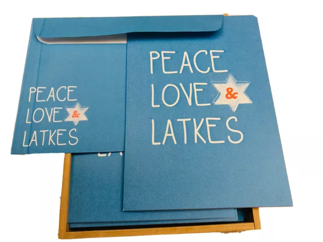 Tree Free Greetings Peace Love Latkes 16 Hanukkah Cards Wood Box Envelopes   P12