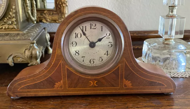 Antique Inlaid Wood Desk Mantle Clock Unmarked Working 10.25” X 5.25”