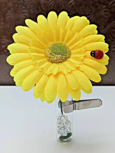 Yellow Gerbera Daisy Flower-Clip On Vase-Crystals fits any car inc VW Beetle