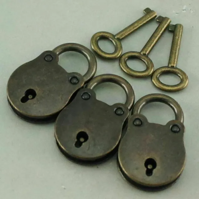 3 Pcs Old Vintage Antique Style Mini Padlocks Key Lock Bronze Retro Jewelry Lock