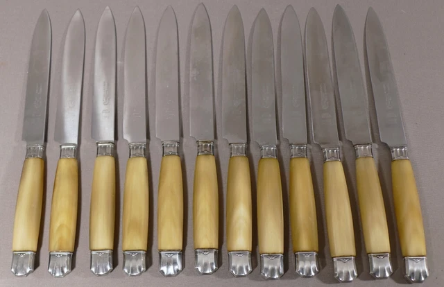 12 Grands Couteaux De Table En Corne, Viroles Argent Et Lames Acier Inoxydable
