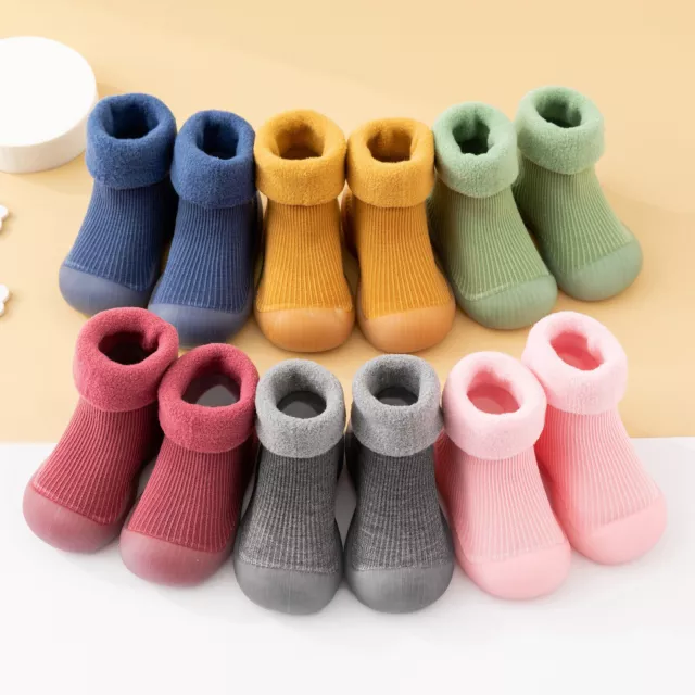 Kids Toddler Baby Boys Girls Solid Warm Knit Soft Sole Rubber Shoes Socks