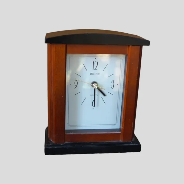 "Reloj de escritorio Seiko marrón madera cuarzo mesa con batería FUNCIONA 7,25"