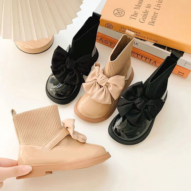 Girls Kids Wedding Party School Warm Ankle Boots Princess Pumps Flat Bow Shoes