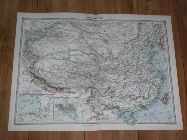 1908 Antique Map Of China Tibet Taiwan Beijing Shanghai / Hong Kong Inset Map