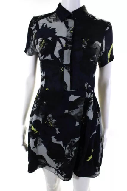Parker Womens Side Zip Short Sleeve Collared Floral Silk Dress Navy Gray Size XS