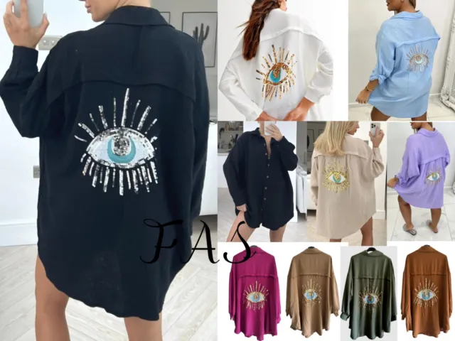 Women's Ladies Sequin Eye Button Up Oversized Summer Tunic Shirt Mini Dress Tops