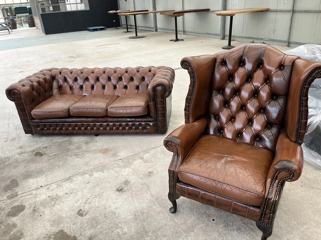 Fantastic Vintage Two Piece Brown Leather Chesterfield Set Slight Damage