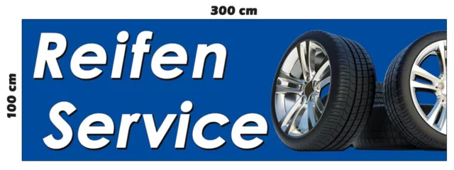 Banner Reifenservice 300 x 100 cm Spannband Werbung KFZ Auto Flagge Reifen BLAU