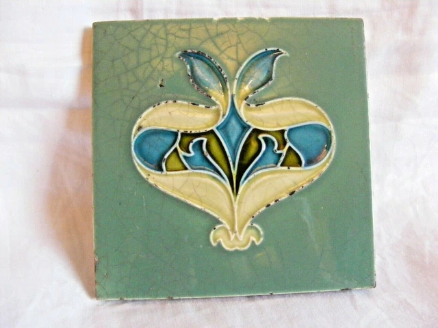 Antique Victorian Art Nouveau Rhodes Tile Turquoise Background 6" X 6"