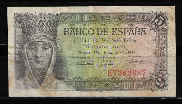 Billete De 5 Pesetas. 1943. Isabel La Católica. Serie E