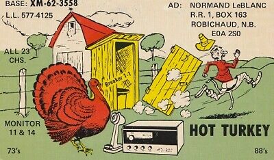Vtg QSL QSO Ham Radio CB Robichaud, NB Canada Hot Turkey Outhouse Card Postcard