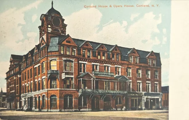 Cortland House & Opera  Cortland NY Horsedrawn Carriage Brick Building 1909 Post