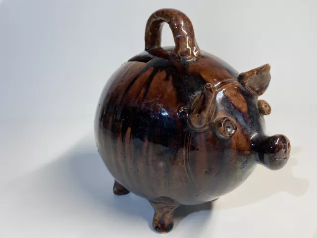 Old Bennington Style Piggy Bank Unusual Primitive Rustic Collectible Pottery