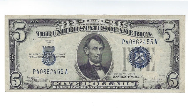 1934 C Series $5 Silver Certificate Paper Money Circulated Five Dollars Currency