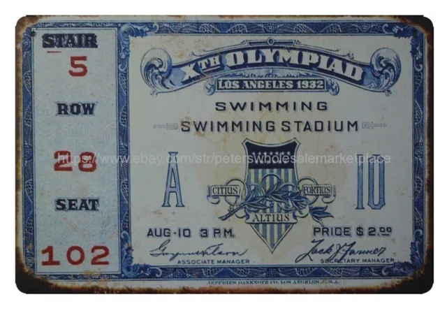 1932 Olympic Swimmming Ticket metal tin sign dragonfly wall art