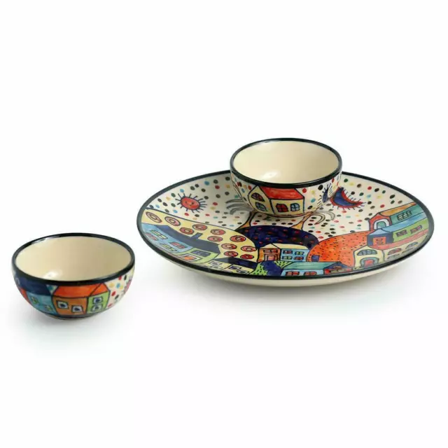 Multicolour Hand Painted Ceramic Dinner Plate And Bowl Set (1 Plate, 2 Bowls ) 2