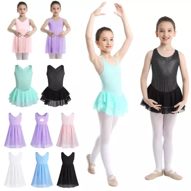 Girls Kids Ballet Dress Gym Dance Leotard Roller Skating Skirt Dancewear Costume