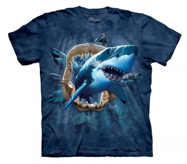 The Mountain Shark Attack Great White Tiger Teeth Sharks Fish Blue Shirt S-XL