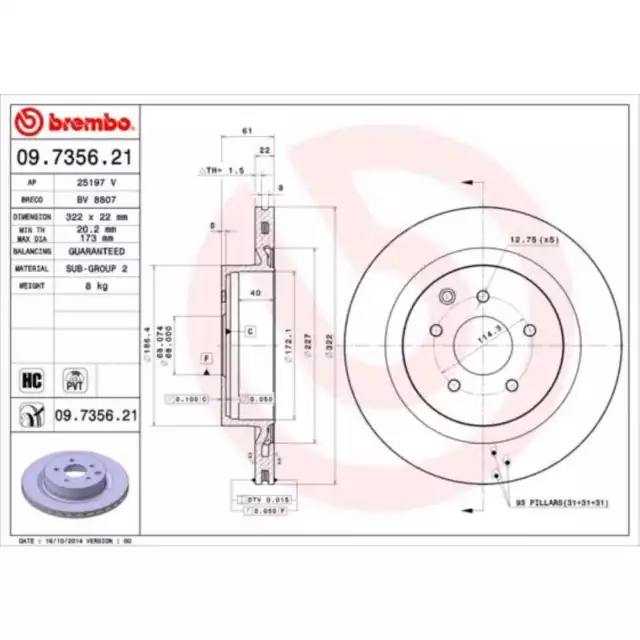 BREMBO 2x Disques de Frein Arrière 322 Aéré Internement pour Nissan 350 Z Z33