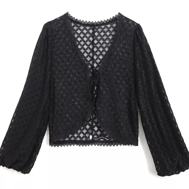 Donna Corto Pizzo Coprispalle Manica a Sbuffo Scialle Bolero Traforato Cardigan