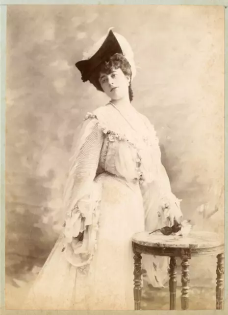 Fashion, Women in Lace Dress with Feather Hat, ca.1895, Vintage Albumen