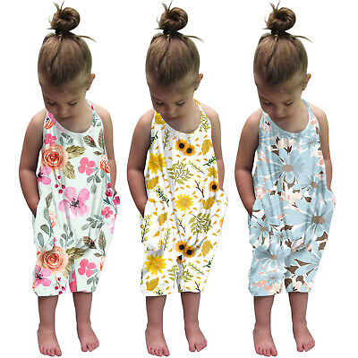 Kids Girls Floral Printed Jumpsuit Romper Halter Strap Summer Sleeveless Outfits