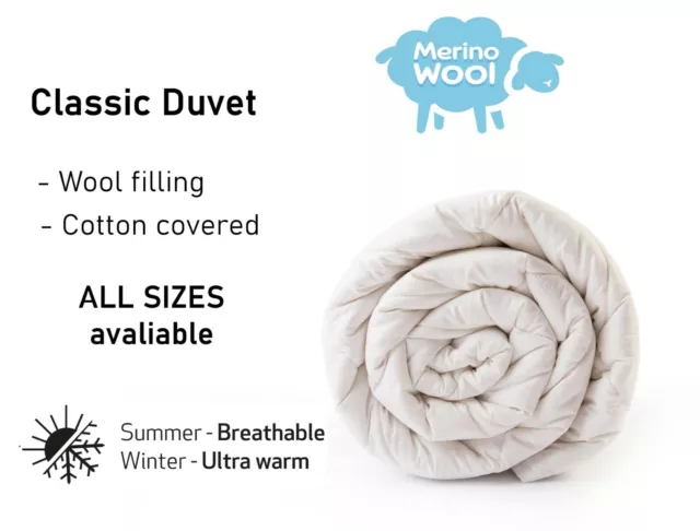 MERINO WOOL Duvet QUILT - wool & COTTON NATURAL BED Duvet ALL SIZES 10.5-8 TOG