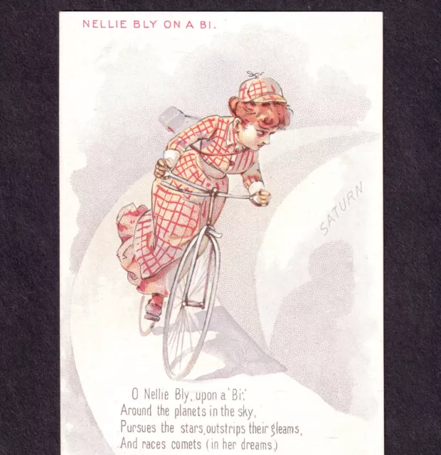 Feminist Nellie Bly On A Bi 19th Century Bike Satire Saturn Victorian Trade Card