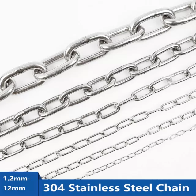 SHOUCAN 304 Stainless Steel Chain Strong Heavy Duty Steel Welded Chain  Links Length 1 Meter Long Ring 1.2-10mm,Long Ring 1.2mm