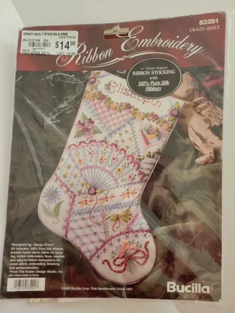 Kit de bordado de cinta de seda Bucilla de colección 83291 colcha loca medias navideñas