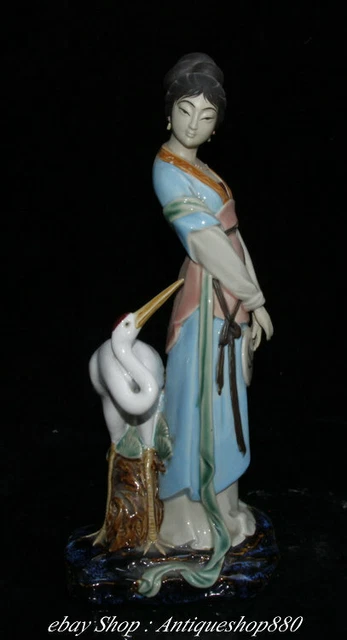 12" Old China Wucai Porcelain Woman Belle Beauty Red-crowned crane Bird Statue