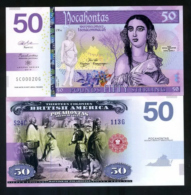 British America, 50 Pounds, Private Issue Polymer 2019 - Pocahontas, 500 pcs run