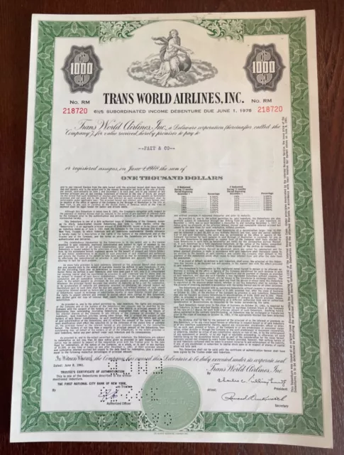 Trans World Airlines T.W.A Bond Stock Certificate