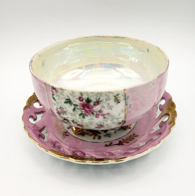 Vintage Dessert Bowl, Inarco Reticulated Underplate Saucer Opalescent Pink Gold
